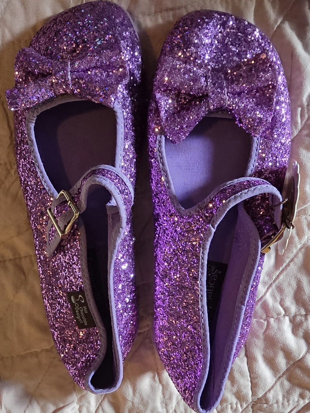 Women's Purple Glitter Bow Mary Jane Flats